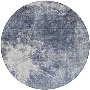 Photo of 8' Navy Blue And Denim Blue Round Abstract Washable Indoor Outdoor Area Rug