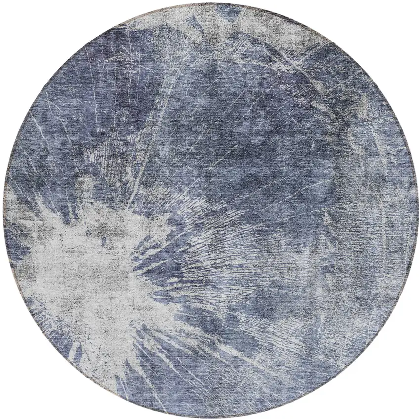 8' Navy Blue And Denim Blue Round Abstract Washable Indoor Outdoor Area Rug Photo 1
