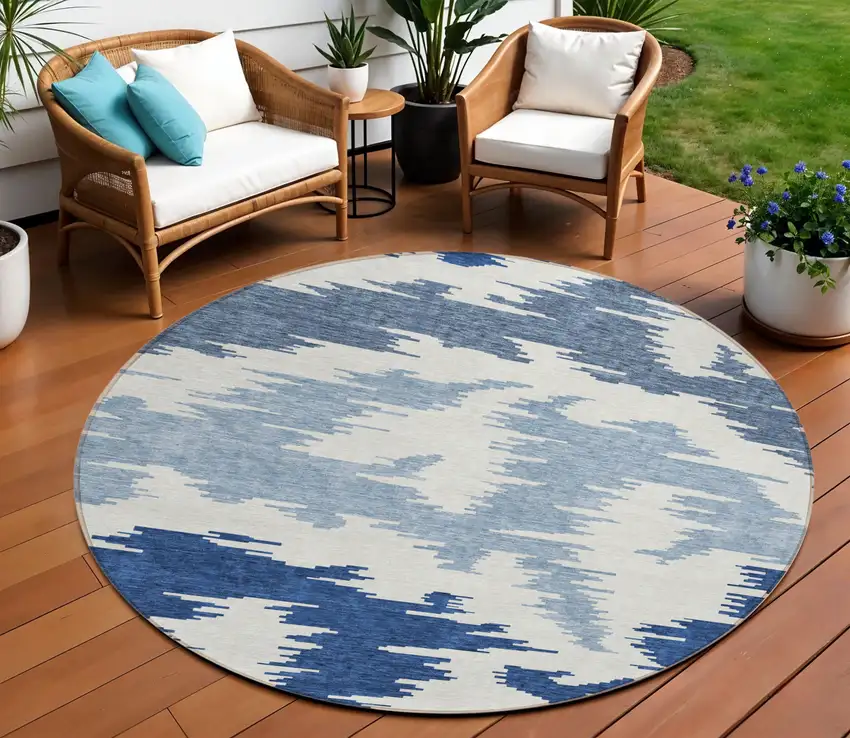 8' Navy Blue And Denim Blue Round Abstract Washable Indoor Outdoor Area Rug Photo 1