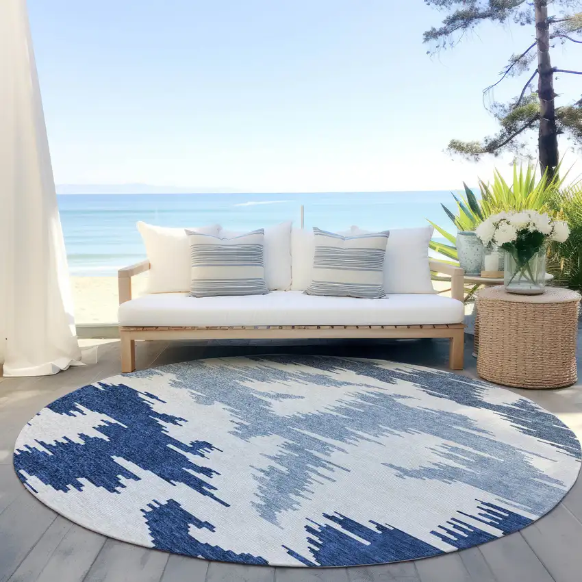 8' Navy Blue And Denim Blue Round Abstract Washable Indoor Outdoor Area Rug Photo 5