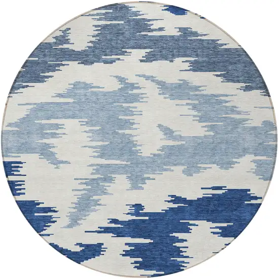 8' Navy Blue And Denim Blue Round Abstract Washable Indoor Outdoor Area Rug Photo 4