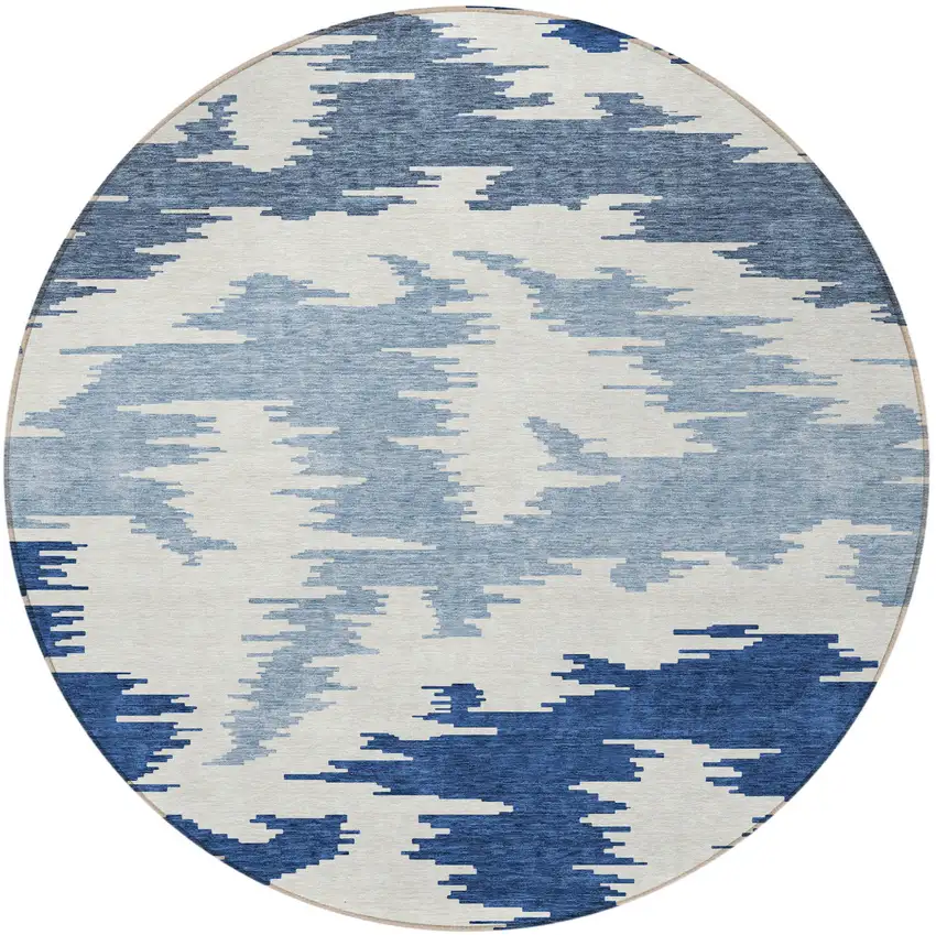 8' Navy Blue And Denim Blue Round Abstract Washable Indoor Outdoor Area Rug Photo 4