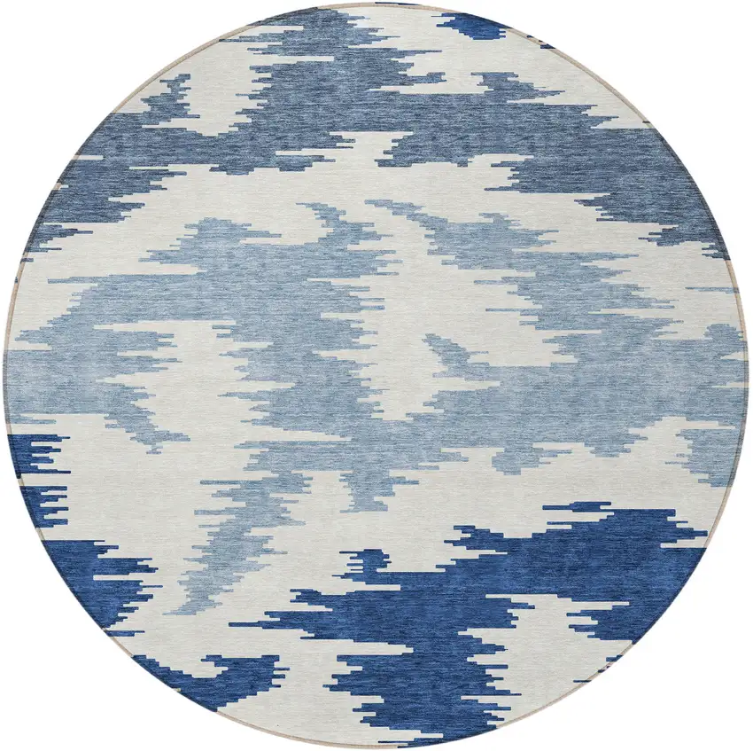8' Navy Blue And Denim Blue Round Abstract Washable Indoor Outdoor Area Rug Photo 4