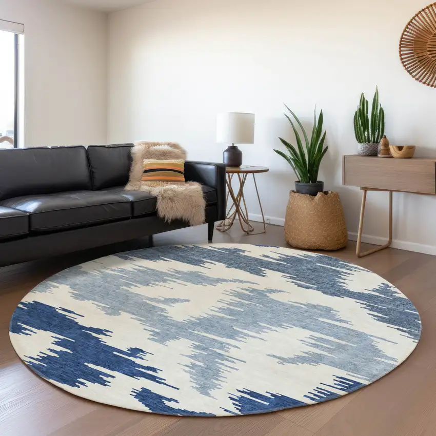 8' Navy Blue And Denim Blue Round Abstract Washable Indoor Outdoor Area Rug Photo 6
