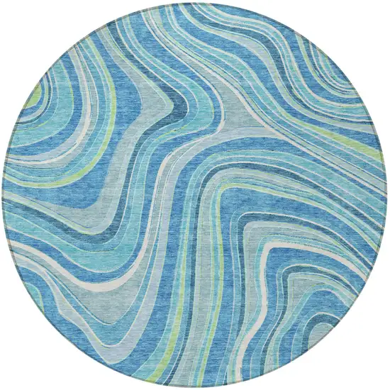 8' Navy Blue And Denim Blue Round Abstract Washable Indoor Outdoor Area Rug Photo 4