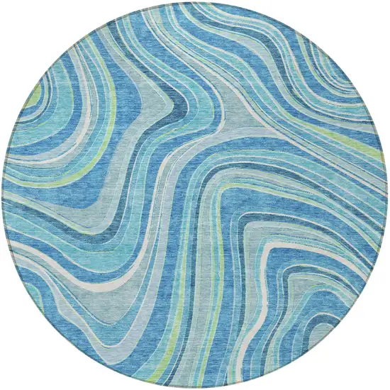 8' Navy Blue And Denim Blue Round Abstract Washable Indoor Outdoor Area Rug Photo 4