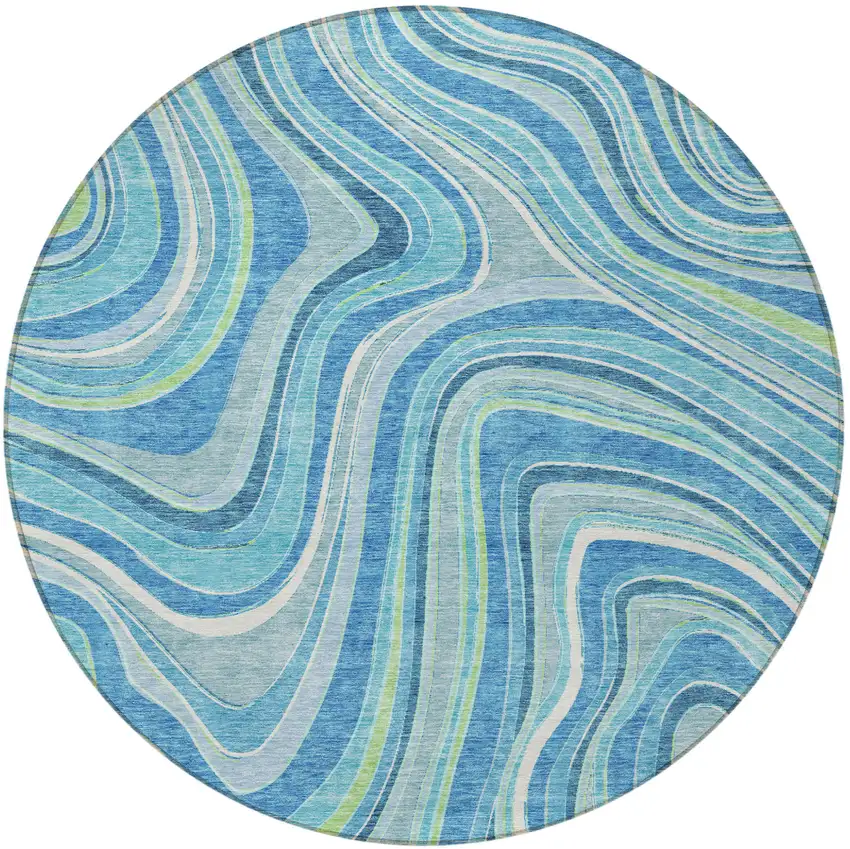 8' Navy Blue And Denim Blue Round Abstract Washable Indoor Outdoor Area Rug Photo 4