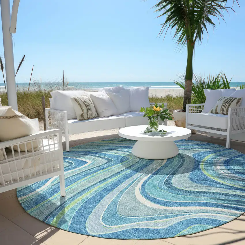 8' Navy Blue And Denim Blue Round Abstract Washable Indoor Outdoor Area Rug Photo 5