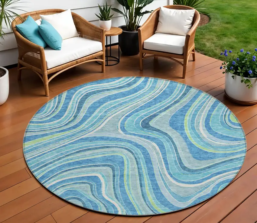 8' Navy Blue And Denim Blue Round Abstract Washable Indoor Outdoor Area Rug Photo 1