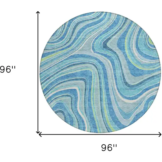 8' Navy Blue And Denim Blue Round Abstract Washable Indoor Outdoor Area Rug Photo 7
