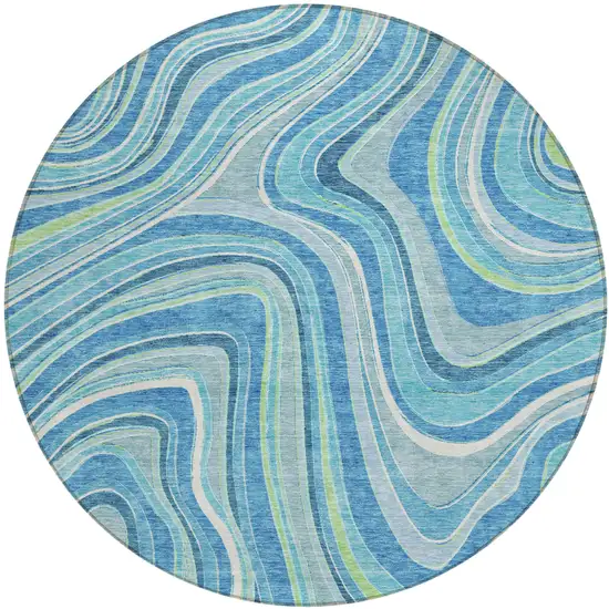 8' Navy Blue And Denim Blue Round Abstract Washable Indoor Outdoor Area Rug Photo 1