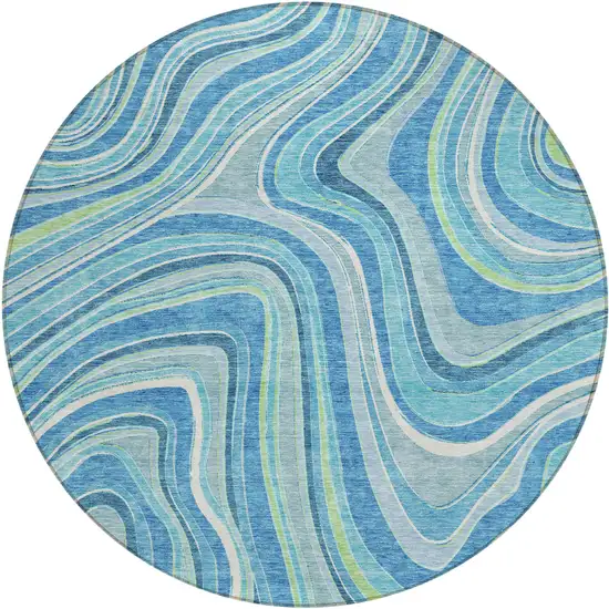 8' Navy Blue And Denim Blue Round Abstract Washable Indoor Outdoor Area Rug Photo 1