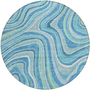 Photo of 8' Navy Blue And Denim Blue Round Abstract Washable Indoor Outdoor Area Rug
