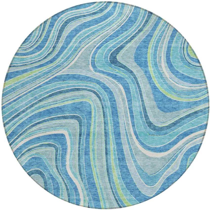 8' Navy Blue And Denim Blue Round Abstract Washable Indoor Outdoor Area Rug Photo 1