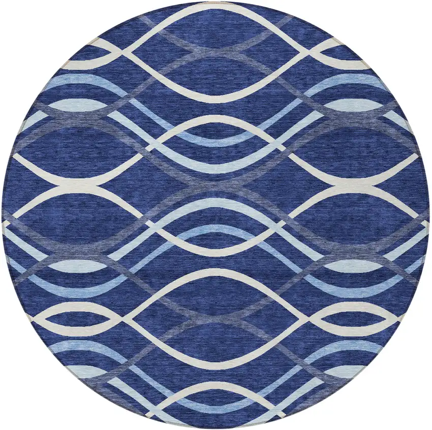 8' Navy Blue And Denim Blue Round Abstract Washable Indoor Outdoor Area Rug Photo 5