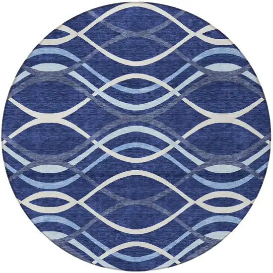 8' Navy Blue And Denim Blue Round Abstract Washable Indoor Outdoor Area Rug Photo 5
