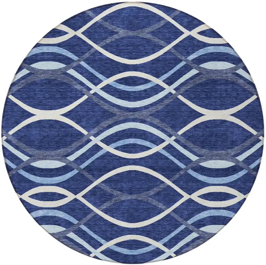 8' Navy Blue And Denim Blue Round Abstract Washable Indoor Outdoor Area Rug Photo 5