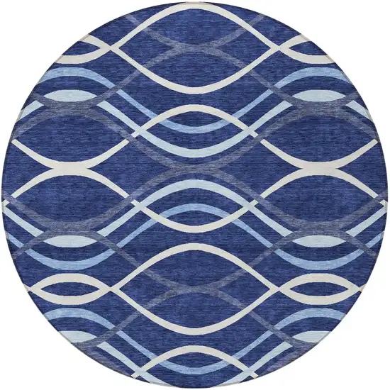 8' Navy Blue And Denim Blue Round Abstract Washable Indoor Outdoor Area Rug Photo 5