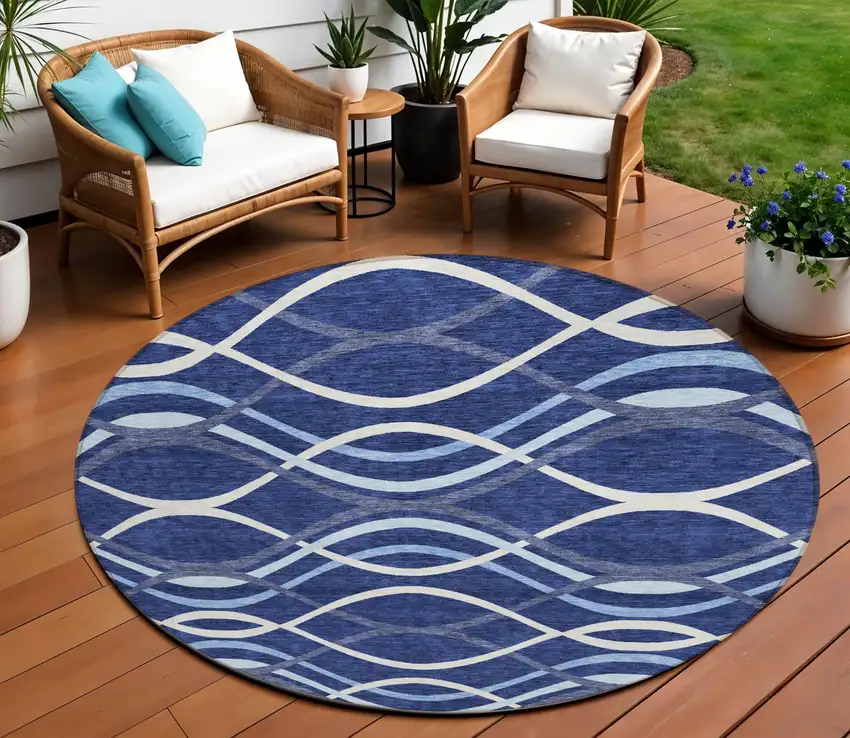 8' Navy Blue And Denim Blue Round Abstract Washable Indoor Outdoor Area Rug Photo 1