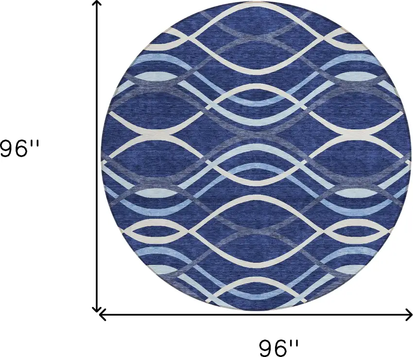 8' Navy Blue And Denim Blue Round Abstract Washable Indoor Outdoor Area Rug Photo 8