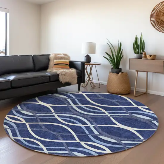 8' Navy Blue And Denim Blue Round Abstract Washable Indoor Outdoor Area Rug Photo 7