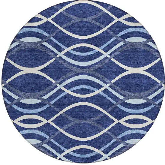 8' Navy Blue And Denim Blue Round Abstract Washable Indoor Outdoor Area Rug Photo 4