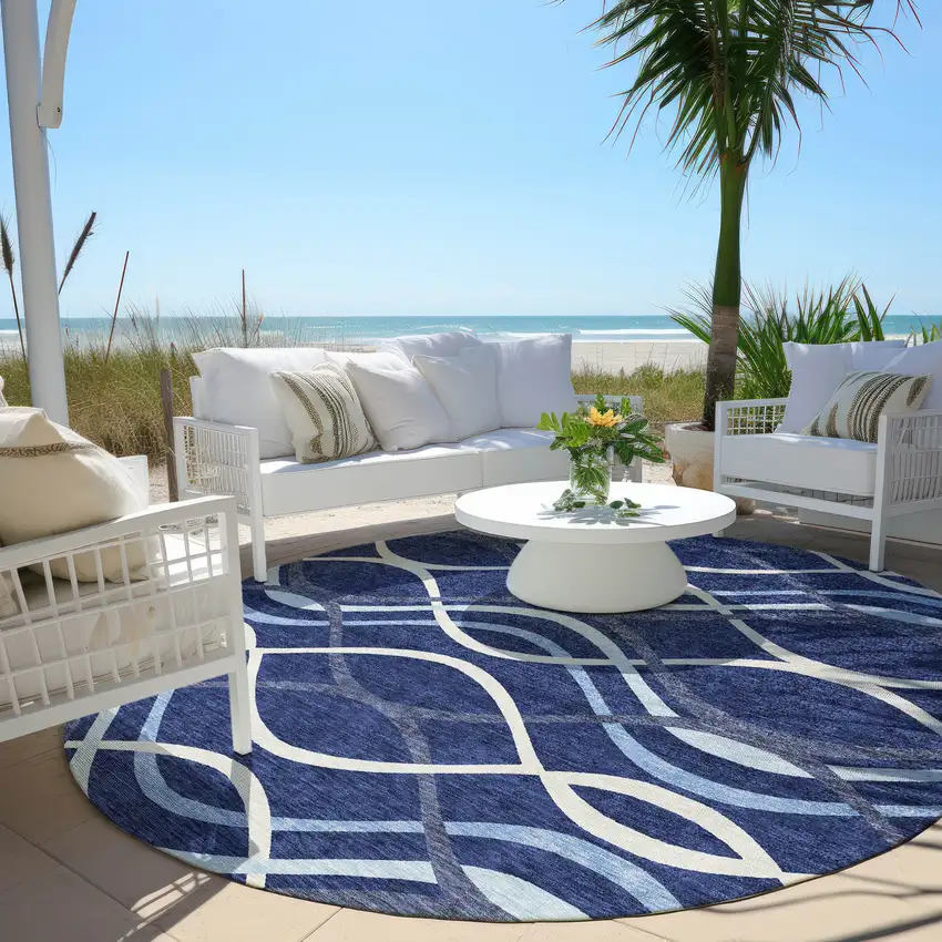 8' Navy Blue And Denim Blue Round Abstract Washable Indoor Outdoor Area Rug Photo 6