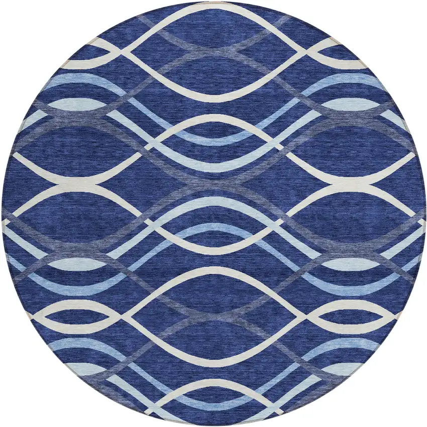 8' Navy Blue And Denim Blue Round Abstract Washable Indoor Outdoor Area Rug Photo 1