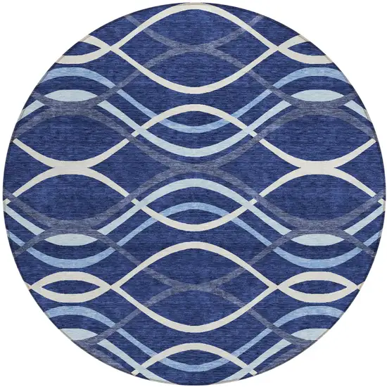 8' Navy Blue And Denim Blue Round Abstract Washable Indoor Outdoor Area Rug Photo 1