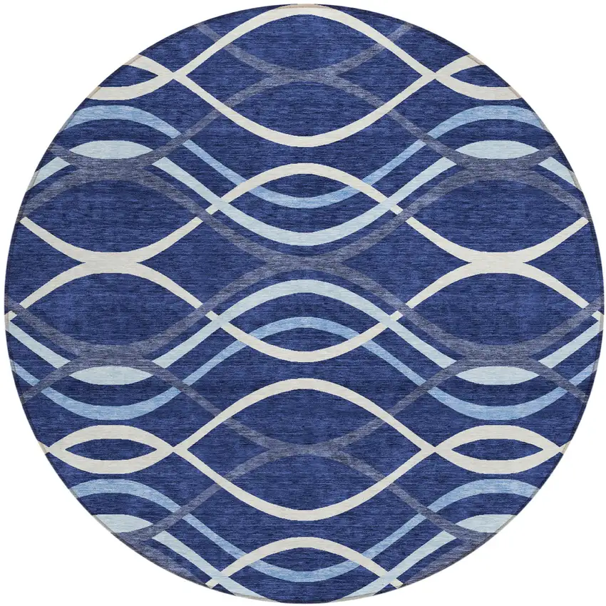8' Navy Blue And Denim Blue Round Abstract Washable Indoor Outdoor Area Rug Photo 1