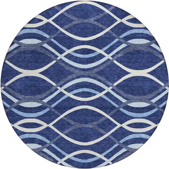 8' Navy Blue And Denim Blue Round Abstract Washable Indoor Outdoor Area Rug Photo 1