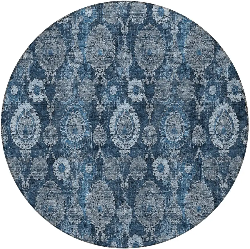 8' Navy Blue And Denim Blue Round Damask Washable Indoor Outdoor Area Rug Photo 5