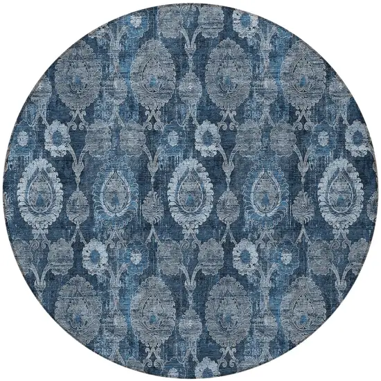 8' Navy Blue And Denim Blue Round Damask Washable Indoor Outdoor Area Rug Photo 5
