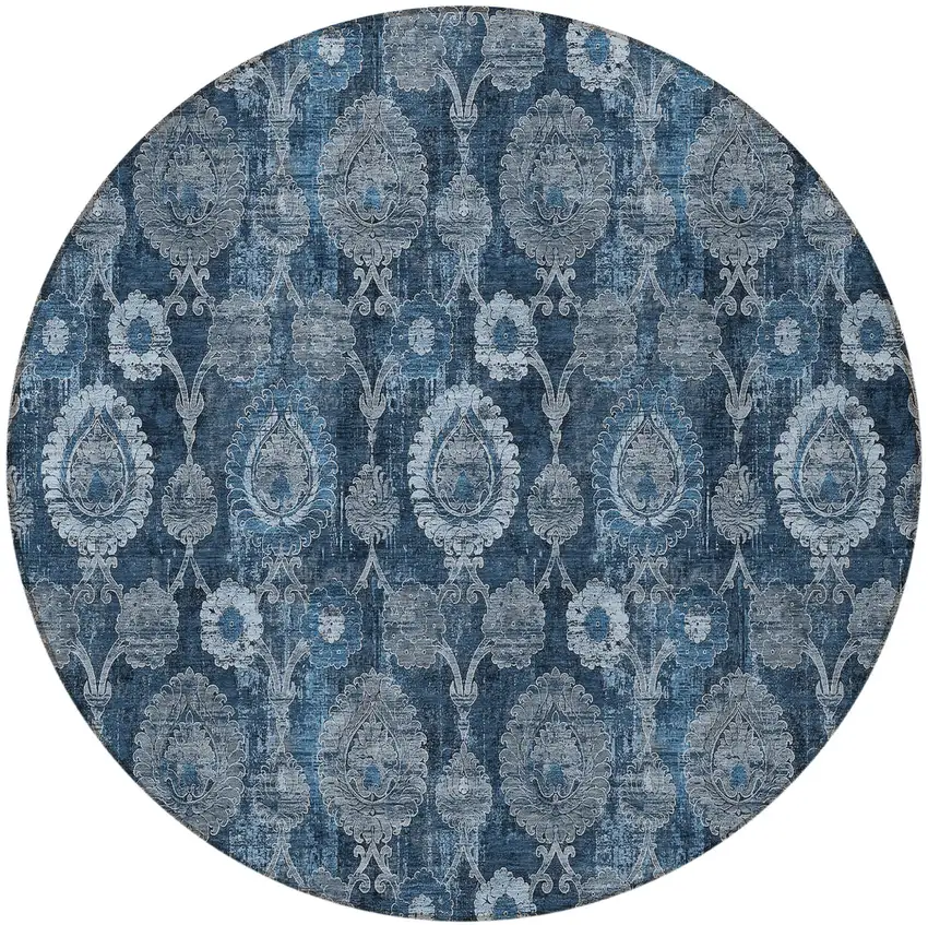 8' Navy Blue And Denim Blue Round Damask Washable Indoor Outdoor Area Rug Photo 5