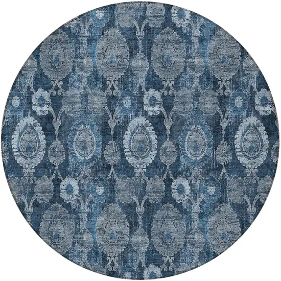 8' Navy Blue And Denim Blue Round Damask Washable Indoor Outdoor Area Rug Photo 5