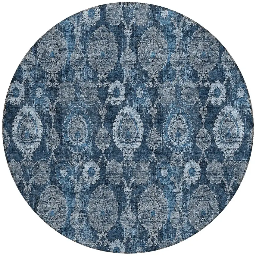8' Navy Blue And Denim Blue Round Damask Washable Indoor Outdoor Area Rug Photo 4
