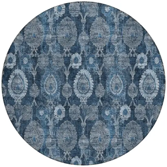 8' Navy Blue And Denim Blue Round Damask Washable Indoor Outdoor Area Rug Photo 4