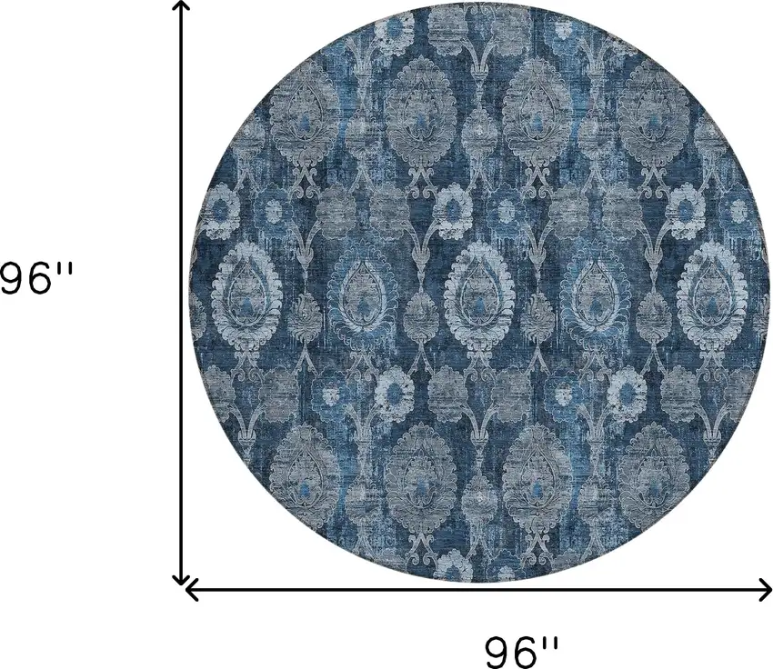 8' Navy Blue And Denim Blue Round Damask Washable Indoor Outdoor Area Rug Photo 3