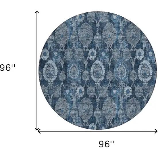 8' Navy Blue And Denim Blue Round Damask Washable Indoor Outdoor Area Rug Photo 3