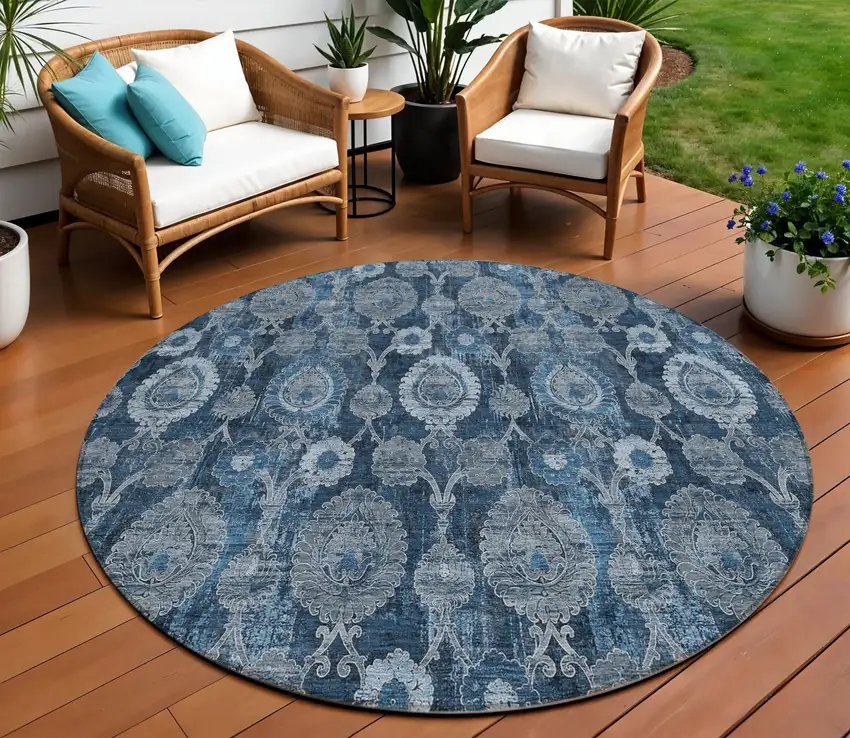 8' Navy Blue And Denim Blue Round Damask Washable Indoor Outdoor Area Rug Photo 1