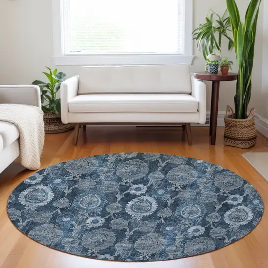 8' Navy Blue And Denim Blue Round Damask Washable Indoor Outdoor Area Rug Photo 7