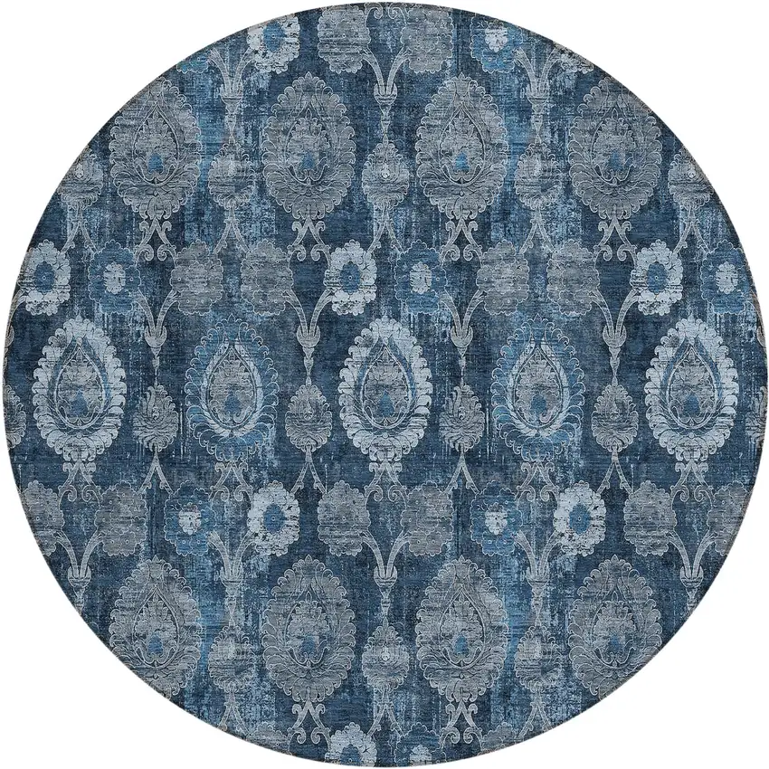8' Navy Blue And Denim Blue Round Damask Washable Indoor Outdoor Area Rug Photo 2