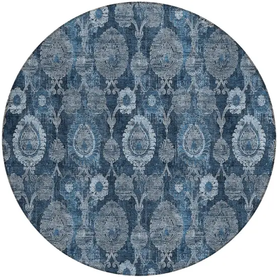 8' Navy Blue And Denim Blue Round Damask Washable Indoor Outdoor Area Rug Photo 2