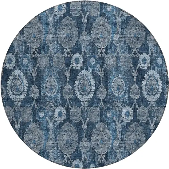 8' Navy Blue And Denim Blue Round Damask Washable Indoor Outdoor Area Rug Photo 2