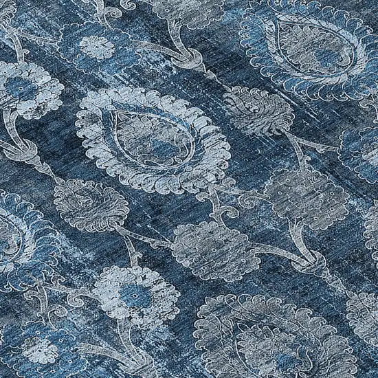8' Navy Blue And Denim Blue Round Damask Washable Indoor Outdoor Area Rug Photo 8