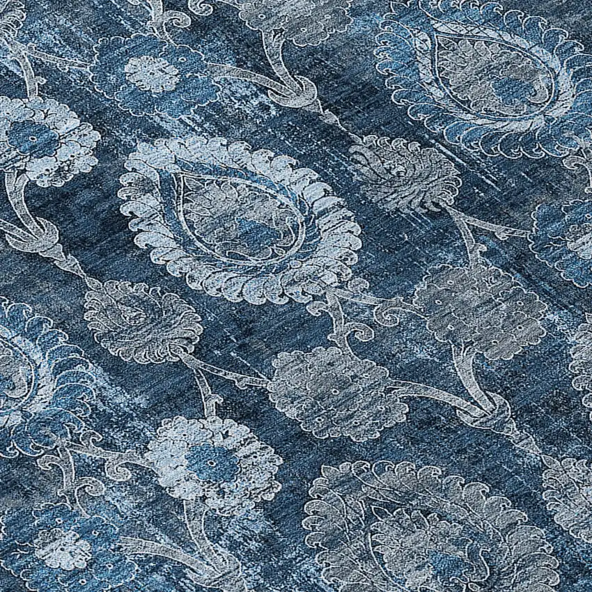 8' Navy Blue And Denim Blue Round Damask Washable Indoor Outdoor Area Rug Photo 8