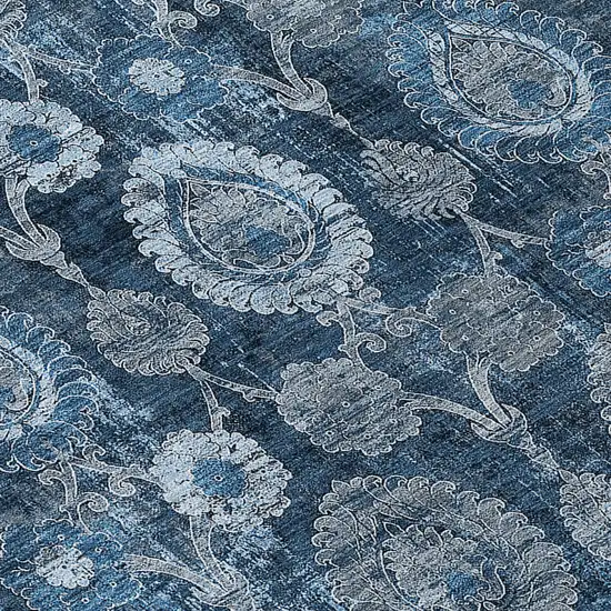 8' Navy Blue And Denim Blue Round Damask Washable Indoor Outdoor Area Rug Photo 8