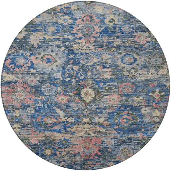 8' Navy Blue And Denim Blue Round Floral Washable Indoor Outdoor Area Rug Photo 3
