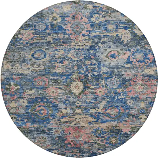 8' Navy Blue And Denim Blue Round Floral Washable Indoor Outdoor Area Rug Photo 1