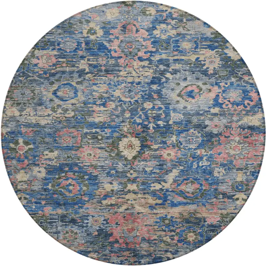 8' Navy Blue And Denim Blue Round Floral Washable Indoor Outdoor Area Rug Photo 1